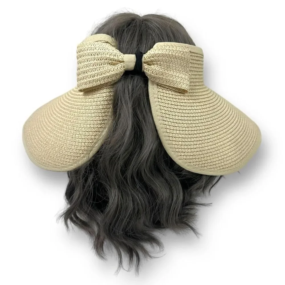 Boutique Women's Roll Up Visor‎ Hat Beige Tan 100% Paper Woven Sun Protection